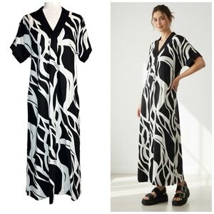 NWOT Rachel Zoe Linen Maxi Dress S Kaftan Black White Abstract Print Pockets‎